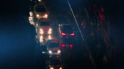 Rainstorm On City Road At Night Dramatic Scene Stock Footage 252758450