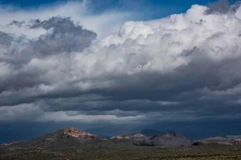 Rainstorm moving over the Superstition Range, Lost Dutchman State Park, Arizona Stock Photos