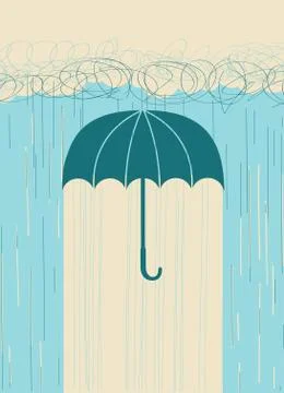 Rain.Vector hand drawn image with umbrella and dark clouds Stock Illustration