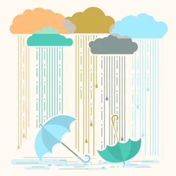 Rain.Vector illustration with stylish flat clouds and umbrellas background Illustrazione stock