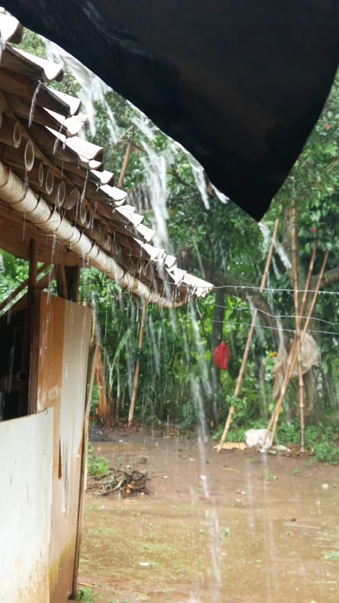 Rainwater falling from the roof of the house. rainy season in tropical countries Stock Footage 302594271