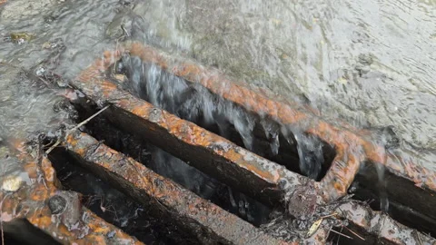 Rainwater flowing into a rusty sewer grate on an asphalt street, preventing Видео 329746145