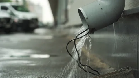 Rainwater flows down a drainpipe onto the sidewalk of a city street Stockbeeldmateriaal 160623234