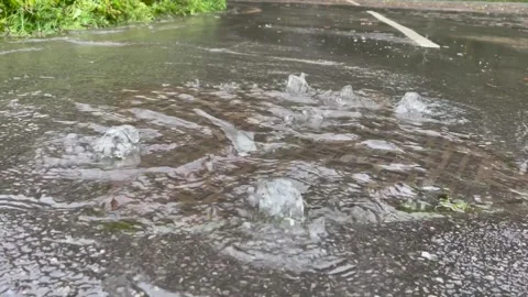 Rainwater Overwhelms Street Drain Causing Flooded Road Stock Footage 255865570