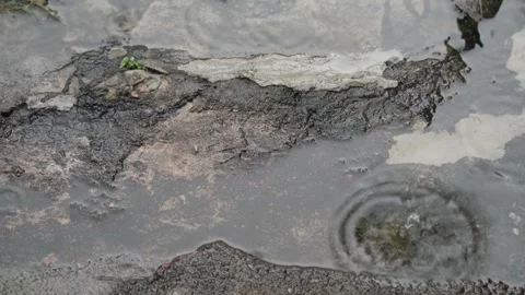 Rainwater pooled on a distressed pavement creating ripples Stock-Footage 315669028