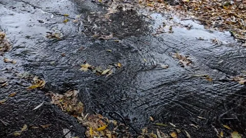 Rainwater in a puddle flows down through urban roads, pavements. Stock Footage 141923938