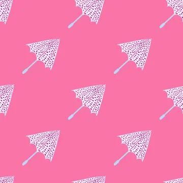 Rainy accessory seamless pattern with white dotted umbrellas. Pink backgound. Stock Illustration