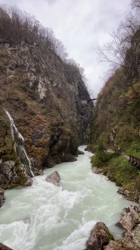 Rainy canyon with river and waterfall in Slovenia Stock Footage 335226037