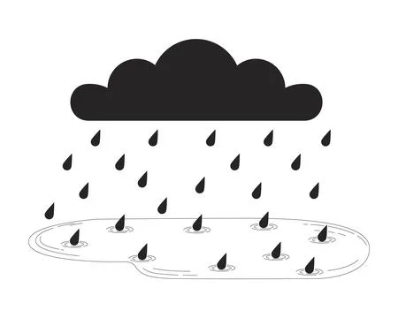 Rainy cloud falling raindrops black and white 2D line cartoon object Illustrazione stock