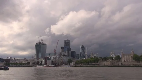 Rainy clouds cross London Tower ancient Royal Palace by day ferry cruise sailing Stock Footage 84745828