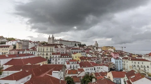 Rainy clouds over the Alfama — Lisbon old town. Timelapse. Portugal 库存影片 78518680