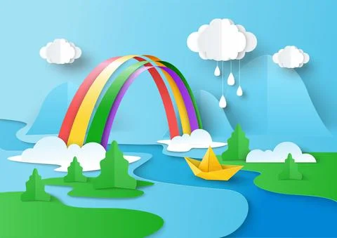 Rainy clouds in the sky, rainbow hanging over the river, boat floating on water Illustrazione stock