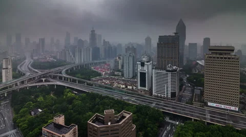 Rainy cloudy panoramic traffic flyover road 4k time lapse from shanghai Stock Footage 46556367