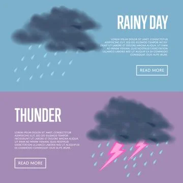 Rainy day and thunder with lightning banners. Stock Illustration