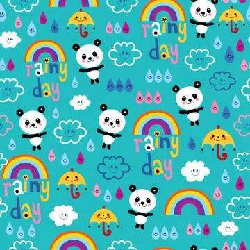 Rainy day clouds rainbows umbrellas raindrops panda bears seamless pattern Stock-Illustration