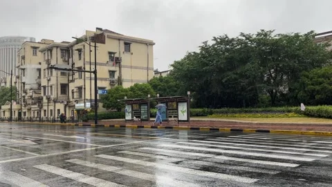 The rainy day intersection in Shanghai under lockdown Stock Footage 197408435