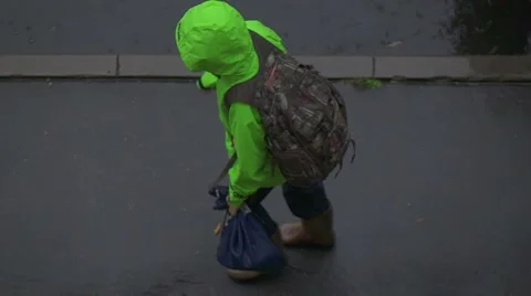 Rainy day, man walking with son under umbrella, overhead view, slow motion. Stock-Footage 55248723