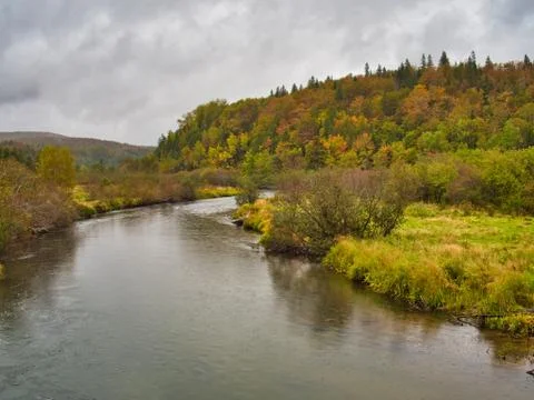 Rainy day on the Margaree River, Cape Breton Island, Nova Scotia, Canada Stock Photos
