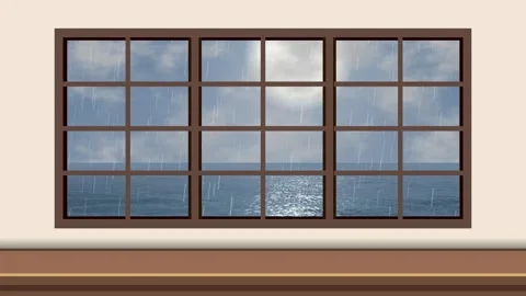 Rainy Day Ocean View Through a Large Interior Window Loop Stock Footage 345118007