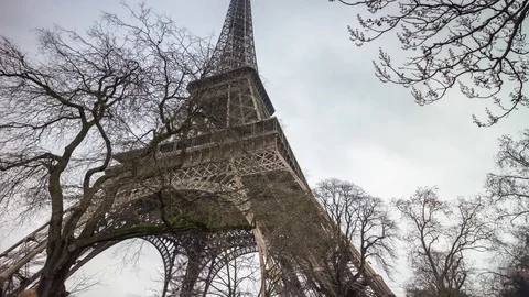 Rainy day paris eiffel tower under to top view panorama 4k time lapse france Stock Footage 74682748