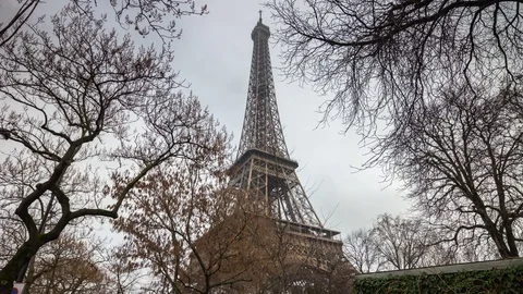 Rainy day paris eiffel tower view park panorama 4k time lapse france Video stock 74690883