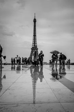A rainy day in Paris, with the Eiffel Tower reflecting in a wet, tiled plaza. Stock Photos