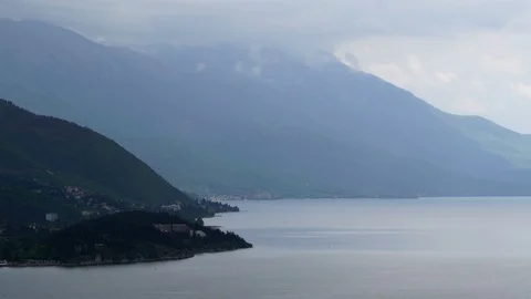 Rainy day, rain cloud passing over Lake Ohrid, Macedonia Stock Footage 119899975