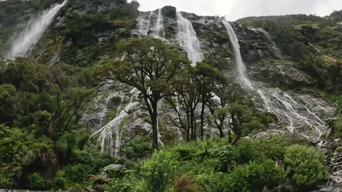 Rainy Day at Sandfly Point: Dramatic Waterfalls Cascading from Lush Cliffs .. Stock Footage 295247578