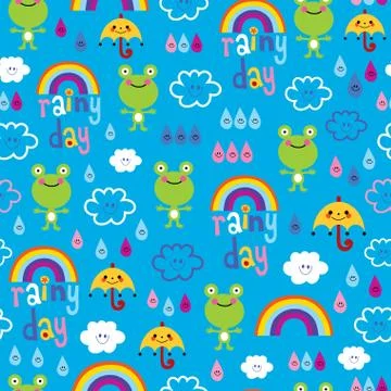 Rainy day seamless pattern with cute frog character Stock Illustration