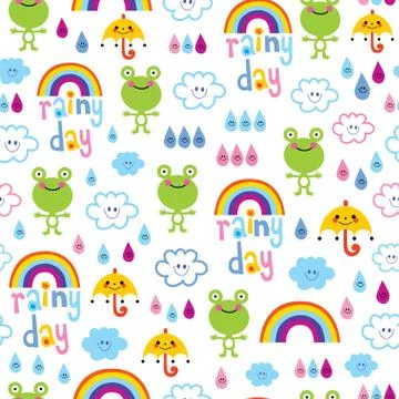 Rainy day seamless pattern with cute frogs Stock Illustration