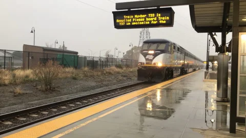 Rainy day train arrives Stock Footage 256498982