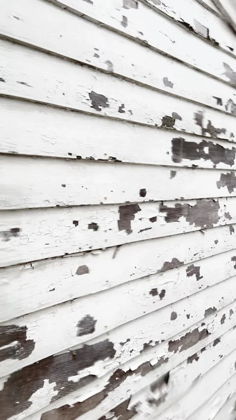Rainy day view of old paint flaking off weathered wooden siding; vertical Video stock 339356627