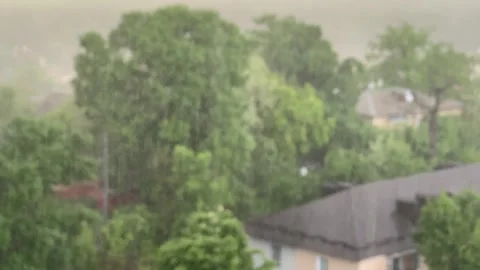 Rainy Day View Through Window with Blurred Trees and Roofs Stock Footage 335475531