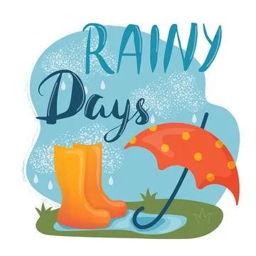 Rainy days card, poster or banner. Orange boots, umbrella and clouds with wat Stock Illustration