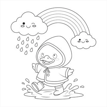 Rainy Duck Jumping In Puddle With Rainbow And Raincoat Outline Coloring Pag.. Stock Illustration