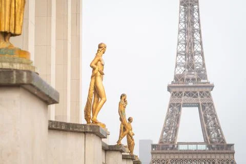 Rainy Eiffel Tower from Place du Trocadero in Paris Stock Photos