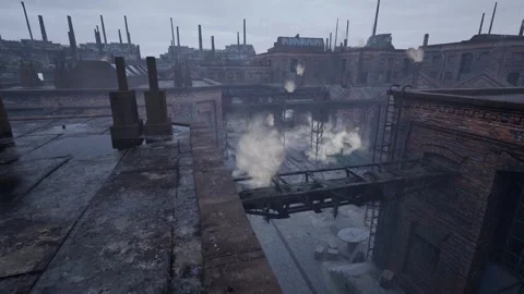 Rainy Elevated View Across Abandoned Factory Rooftops and Industrial Complex Stock Footage 342133344