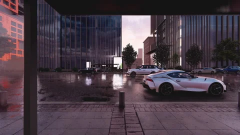 Rainy Evening in the City from Bus Stop, 3D Animation of Moody Urban Street Stock Footage 339409168