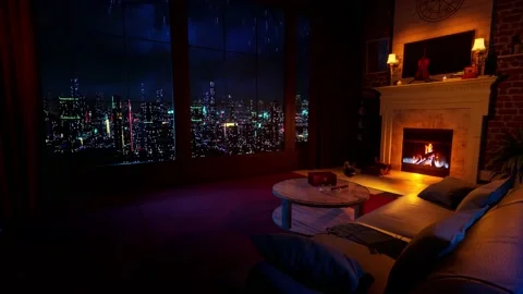 Rainy evening by the fireplace. Stock Footage 234718096
