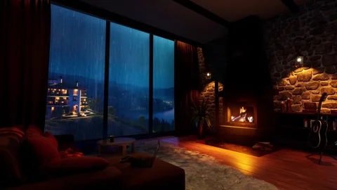 Rainy evening by the fireplace Stock Footage 246964988