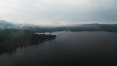 Rainy mist low clouds sunset Lake Schroon aerial drone Grove Point Lockwood Bay Stock Footage 340964585