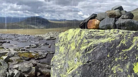 Rainy Mountain Landscape with Mossy Rocks Stock Footage 340538621