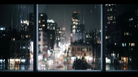 Rainy Night City View from Window | Cinematic Blurred Aesthetic Stock Footage 322175796