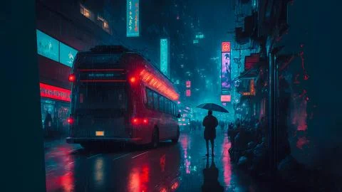 Rainy night in cyberpunk chinese city street, neural network generated art Stock Illustration