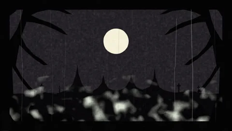 Rainy night graveyard moon animation looping dark horror silhouette eerie Stock Footage 346543806
