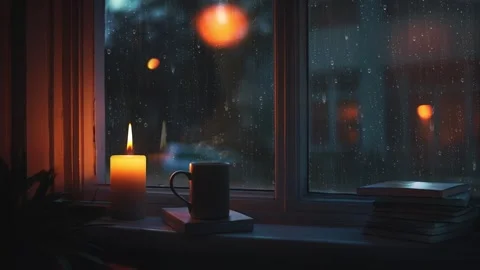 Rainy night rain and raindrops flowing on window, candles and coffee background Stock Footage 297819916