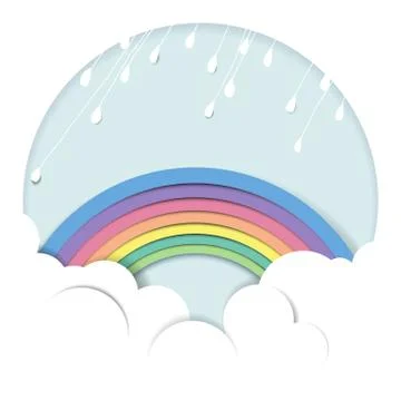 Rainy over the rainbow and cloud, paper cutting style Stock Illustration