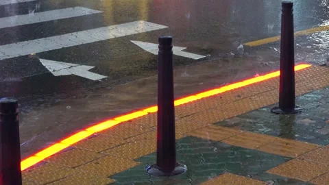 Rainy Pedestrian Crossing Safety Light on the Ground with Yellow Arrow Signs Stock Footage 313250504