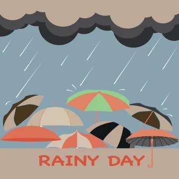 Rainy season background with clouds, raindrops and umbrellas Stock Illustration