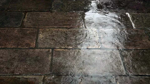 Rainy season, rain drops falling on ground or street Stock Footage 102570599